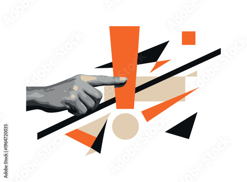 A surreal modern collage of a black and white hand with an extended finger intersecting an abstract exclamation mark and fragmented triangular shapes, visual