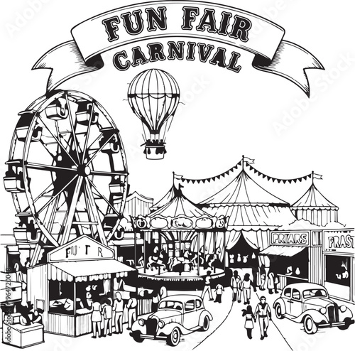 vintage funfair carnival illustration with ferris wheel and hot air balloon