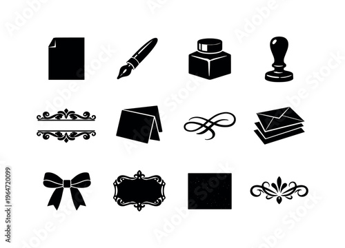 Classic Elegant Stationery. Solid icon set of Classic Elegant Stationery: letterhead paper, fountain pen, ink bottle, wax seal stamp, decorative border, folded