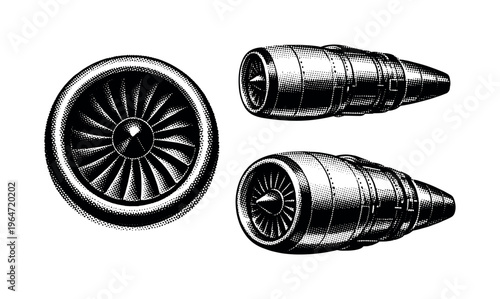 Airplane turbine A realistic airplane jet turbine engine with cylindrical housing, intake fan, and exhaust section, shown in three views including front intake