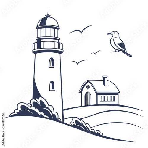 Lighthouse with seagull and house on a hill cartoon