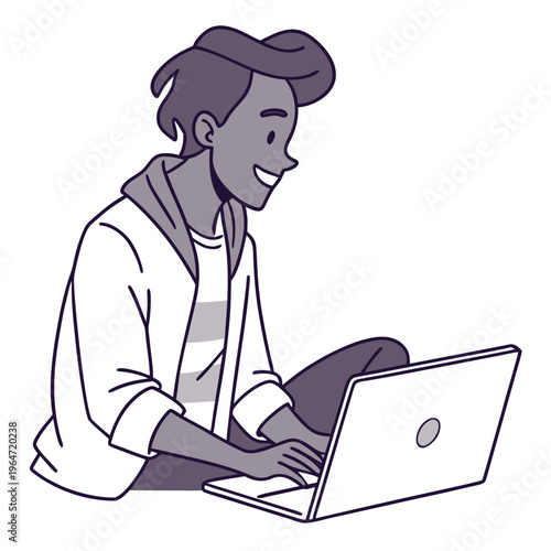 Man sitting with laptop and smiling cartoon