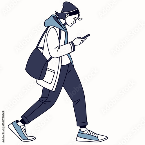 Person walking while looking at phone with bag white background