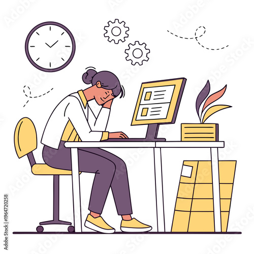 Woman working at desk with computer and clock sitting