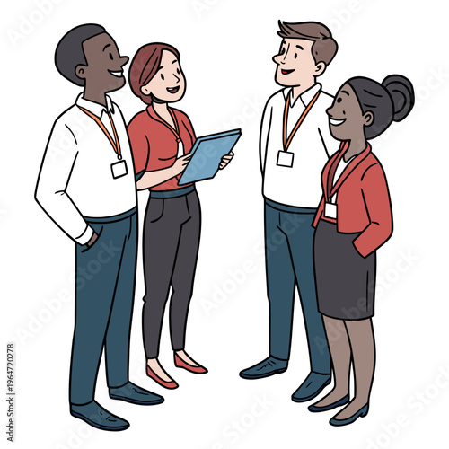 Four coworkers in business casual clothing talking and smiling business meeting discussion