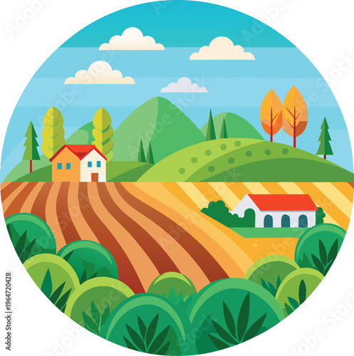 Illustration of a rural landscape with houses and fields  countryside scene