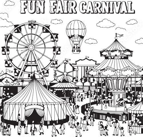 vintage funfair carnival illustration with rides and crowd in retro style