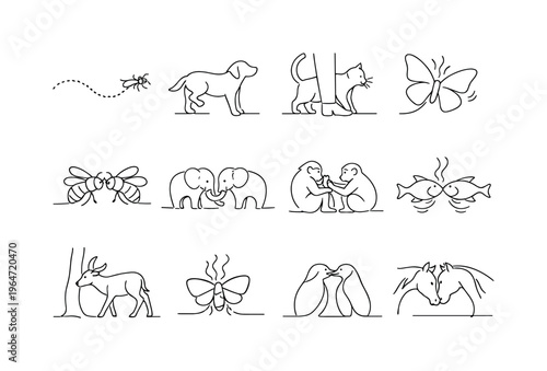 Chemical and Tactile Communication. Minimalistic set one-line drawing ant pheromone trail, dog scent marking, cat rubbing against leg, butterfly releasing
