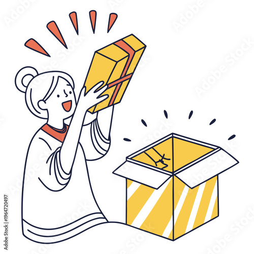 Woman excitedly opening a yellow gift box with a red ribbon