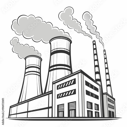 Industrial factory with smokestacks emitting gray smoke pollution