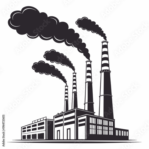 Industrial factory with smokestacks emitting black smoke pollution