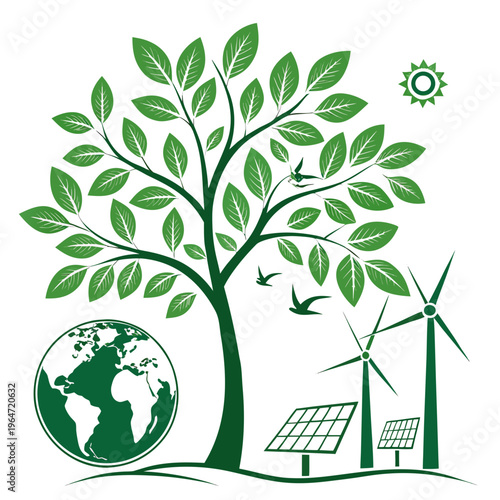 Green tree with earth solar panels and wind turbines on white background globe leaves