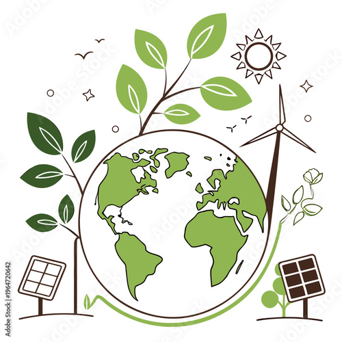 Green earth with solar panels wind turbine and leaves on white background globe