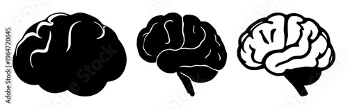 Solid black icon, white background: brain learning icon set with simple line art design featuring sketches, drawings, vector graphics with minimalist and simple illustrations