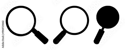 Solid black icon, white background: recruitment magnifying glass set with simple line art design featuring outline, illustration, graphic elements with clean design and vector art