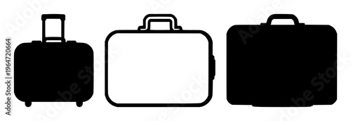 Solid black icon, white background: digital nomad suitcase set with simple line art design featuring line art, illustrations, graphic resources with vector and design elements