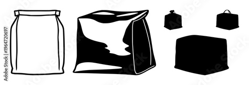 Solid black icon, white background: thermal insulation delivery bag set with simple line art design featuring simple design, minimalist, black and white with illustrations and graphics