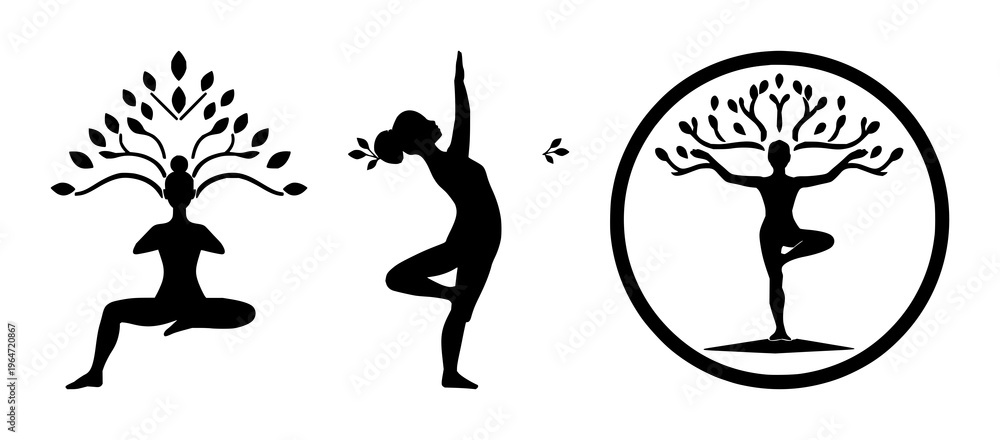 Obraz premium Solid black icon, white background: yoga tree pose silhouette set with simple line art design featuring outline, illustration, graphic elements with clean design and vector art