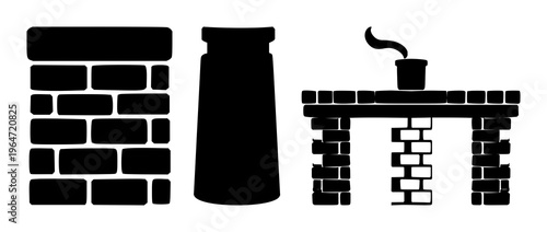 Solid black icon, white background: chimney icon set with simple line art design featuring outline, illustration, graphic elements with clean design and vector art