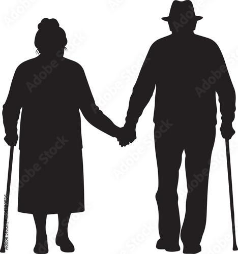 elderly couple holding hands silhouette on white background support care concept