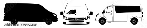 Solid black icon, white background: fleet management van set with simple line art design featuring sketches, drawings, vector graphics with minimalist and simple illustrations