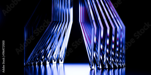 Cyber elements made of transparent glass and liquid acrylic purple blue glow on black backdrop cinematic tech background design cover art visuals 3d rendering