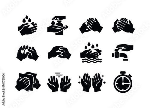 Hand Washing Steps. Solid icon set of Hand Washing Steps: wet hands, apply soap, rub palms, scrub fingers, clean nails, wash thumbs, rinse hands, turn off tap,
