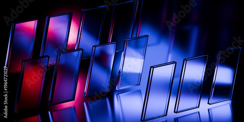 Cyber elements made of transparent glass and liquid acrylic purple blue glow on black backdrop cinematic tech background design cover art visuals 3d rendering