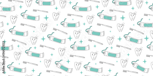 Dentistry, seamless pattern, dental cleaning and care. Toothbrush, toothpaste tube, and a cute smiling tooth, drawings, sketches. Hygiene and health, line icons, doodles. Wallpaper, background.