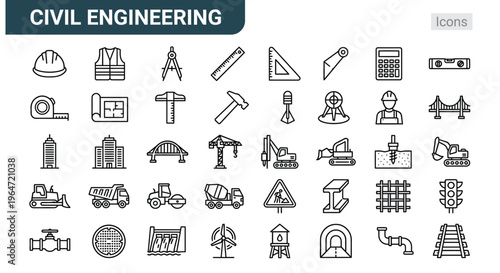 Civil engineering icons representing tools structures and construction equipment