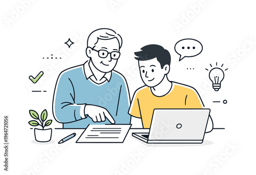 Mentorship across generations. An older colleague guiding a younger teammate, calmly pointing at a document or screen. The scene expresses trust and