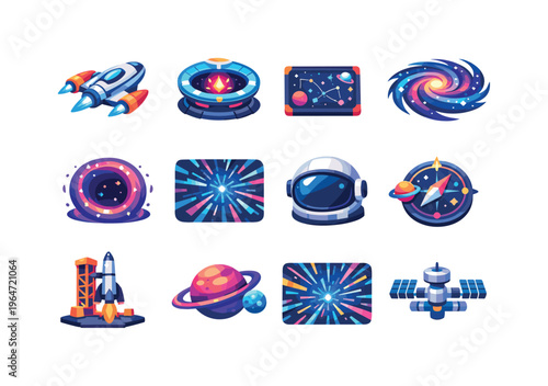 Intergalactic Travel. Colorful flat vector icons set of Intergalactic Travel: spaceship, warp drive, star map, galaxy spiral, wormhole portal, hyperspace