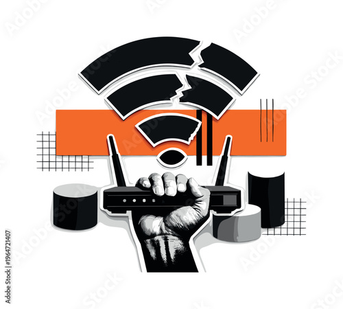 Black and white hand gripping a router with visible antenna, cut-out layered paper effect with subtle white contour, large cracked Wi-Fi icon hovering above