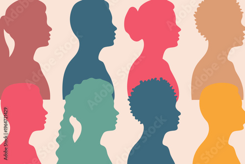 Diverse group of silhouetted heads in varying shades and hairstyles