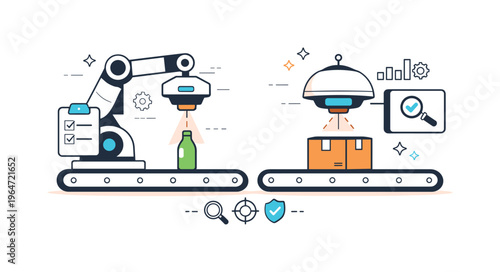 Robotic quality control. Calm illustration of robotic systems scanning products with sensors, focused on accuracy and consistent production