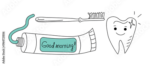 Dentistry, cleaning and dental care. Toothbrush, toothpaste tube, and a cute smiling tooth. Set of drawings, doodles. Hygiene and health, linear icons. Vector illustration, isolated background.
