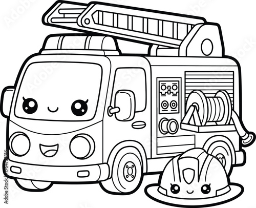 Cute fire truck cartoon coloring page emergency rescue vehicle illustration in simple outline style perfect for kids coloring book printable activity sheet and transportation themed drawing page