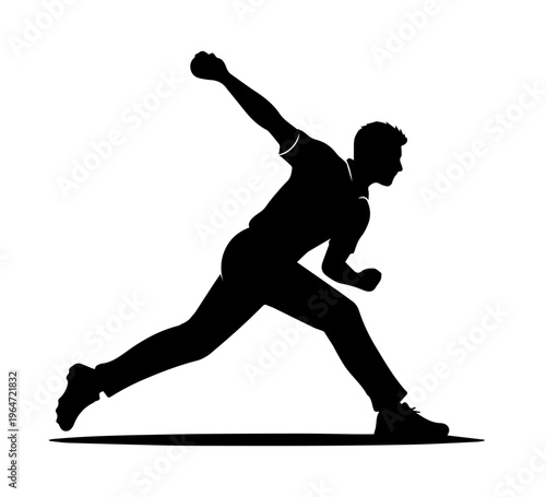 Cricket bowler silhouette sprinting from starting position, representing speed, competition, race, athletic performance, and professional sports training.