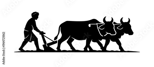 Silhouette of farmer plowing field with oxen, representing traditional agriculture, rural life, farming, cultivation, and Indian village farming practices.