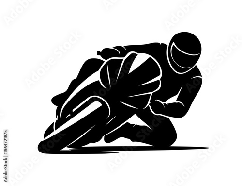 Motorcycle racer leaning into turn silhouette, representing speed, motorsport racing, competition, adrenaline, and high-performance biking action.