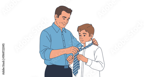 Happy fathers day illustration of a father and son learning to tie a tie together