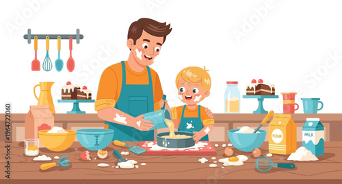 Happy fathers day dad and child cooking together in kitchen making memories