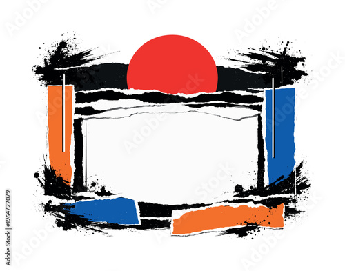 Black and white collage of torn paper layers forming a bold editorial cover base, oversized red circle dominating upper section like a graphic sun, abstract