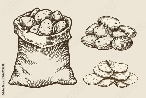 Vintage illustration of potatoes in a sack and loose with chips