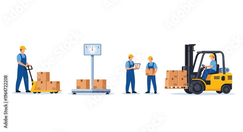Workers managing cardboard boxes with forklift and pallet jack in warehouse