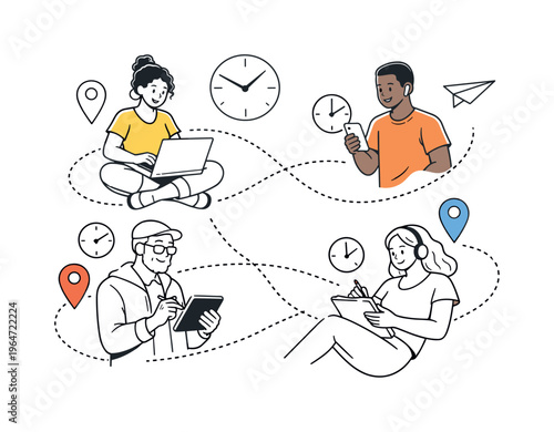 Independent workers. Diverse people connected by dotted lines, each using different devices, abstract clocks and location pins drifting nearby. Mood of