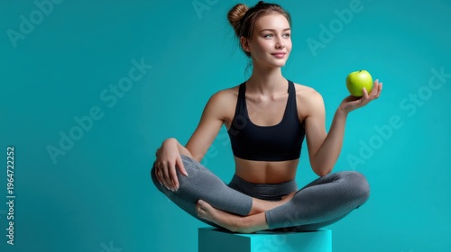 A woman stands on a yoga block while holding a green apple and smiling in a playful pose