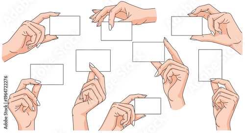 Multiple hands presenting blank white cards isolated on a white background