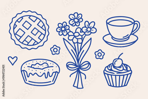 A charming illustration of desserts flowers and a cup of tea