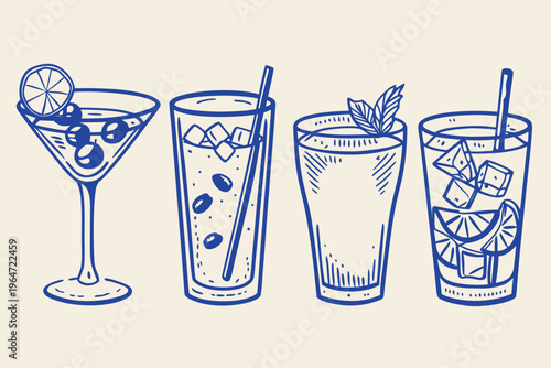 Four illustrated cocktails with garnishes in a blue line art style
